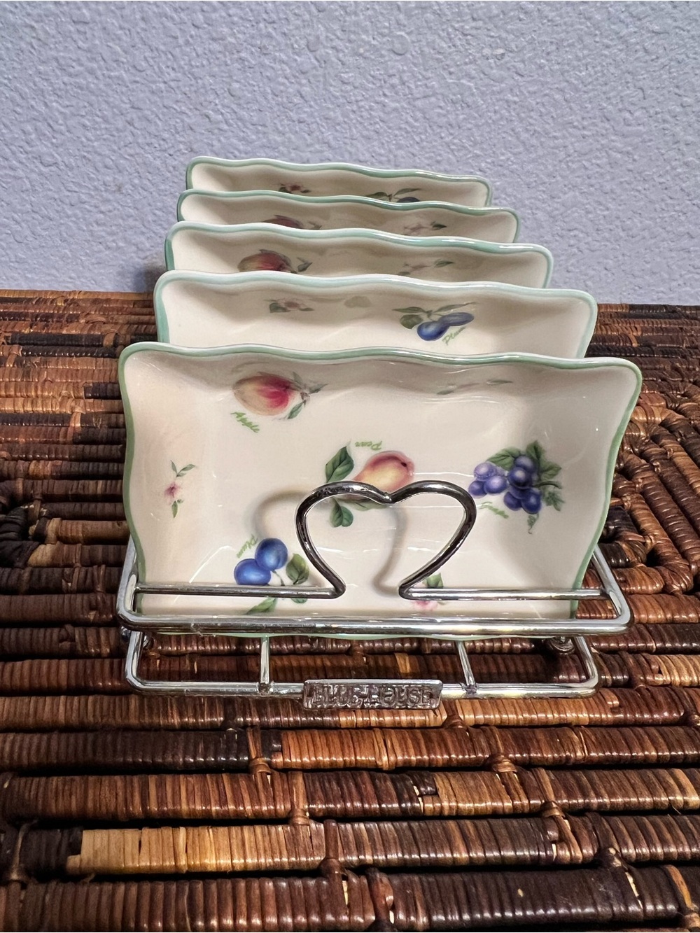 Blue House Fancy Pop Fruits ceramic Saucer Dish set of 5 with silver rack
